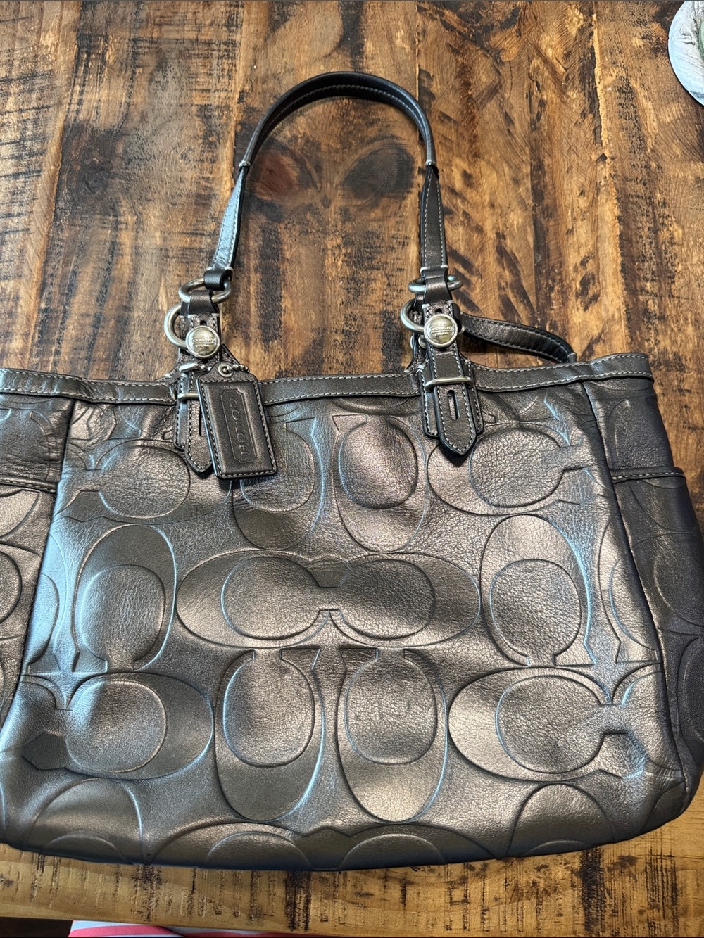 Coach Metallic Pewter Signature Leather Tote